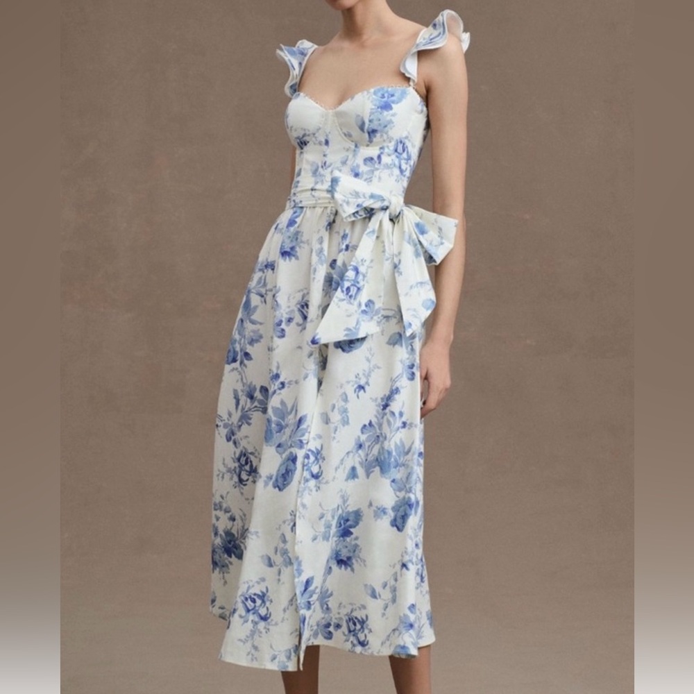 V. CHAPMAN Vera Ruffle Strap Corset Slit Dress NEW Size 2 Provencal Blue Floral